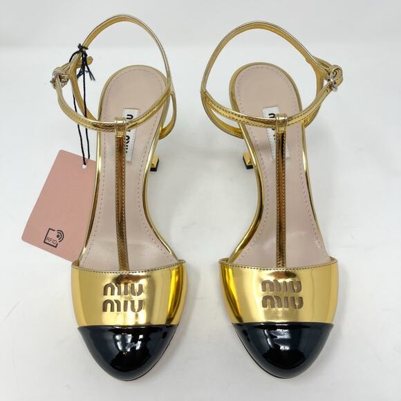 NEW NIB Miu Miu Leather Cap Toe T Strap Heel Metallic Gold Black Logo size 36.5 - Picture 2 of 10